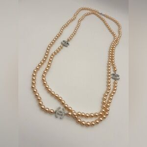 Chanel 100% Authentic Pearl 3 CC Long Necklace Silver Tone 34 Inch